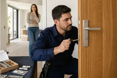 Chaveiro instalando uma nova fechadura em um ambiente residencial.