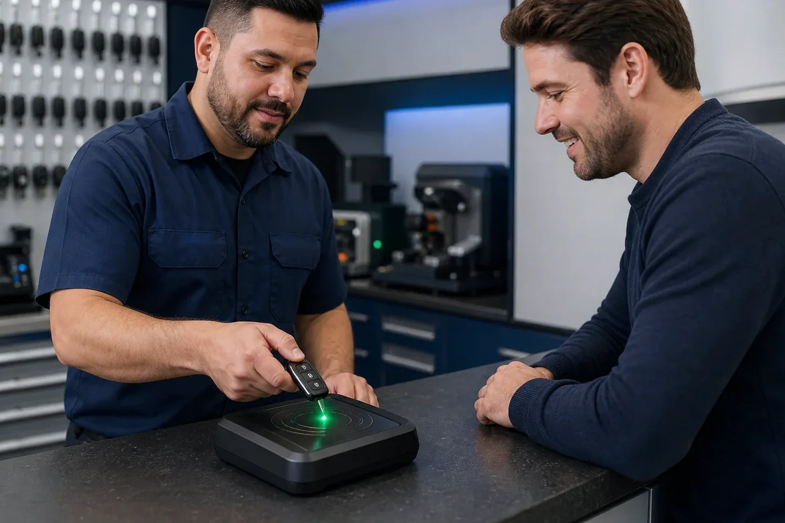 Chaveiro programando um controle remoto de segurança.